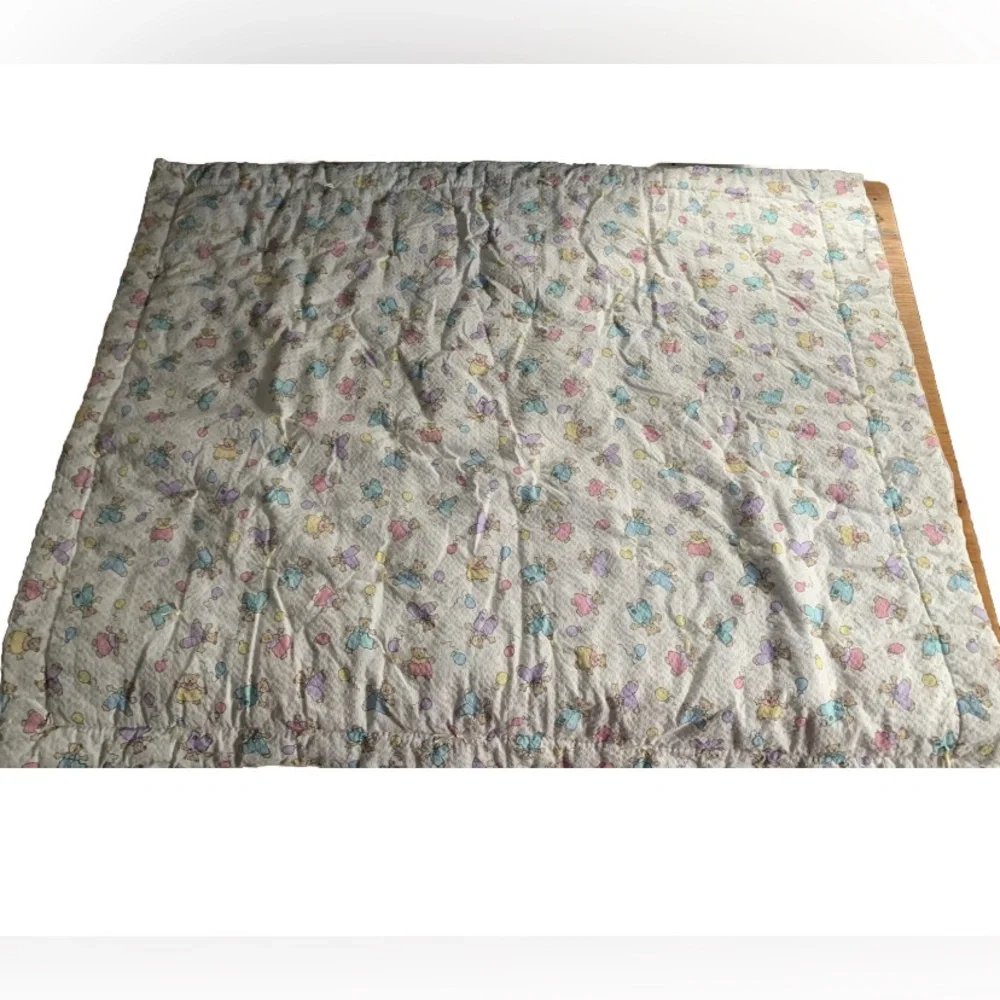 Vintage Pastel Bears Balloons Seersucker Quilted Handmade Baby Blanket Throw**